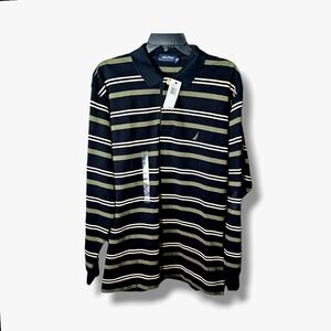 COPY - Nautica Men's Black Striped Long Sleeve Heavy Knit Collared Polo Shirt S…
